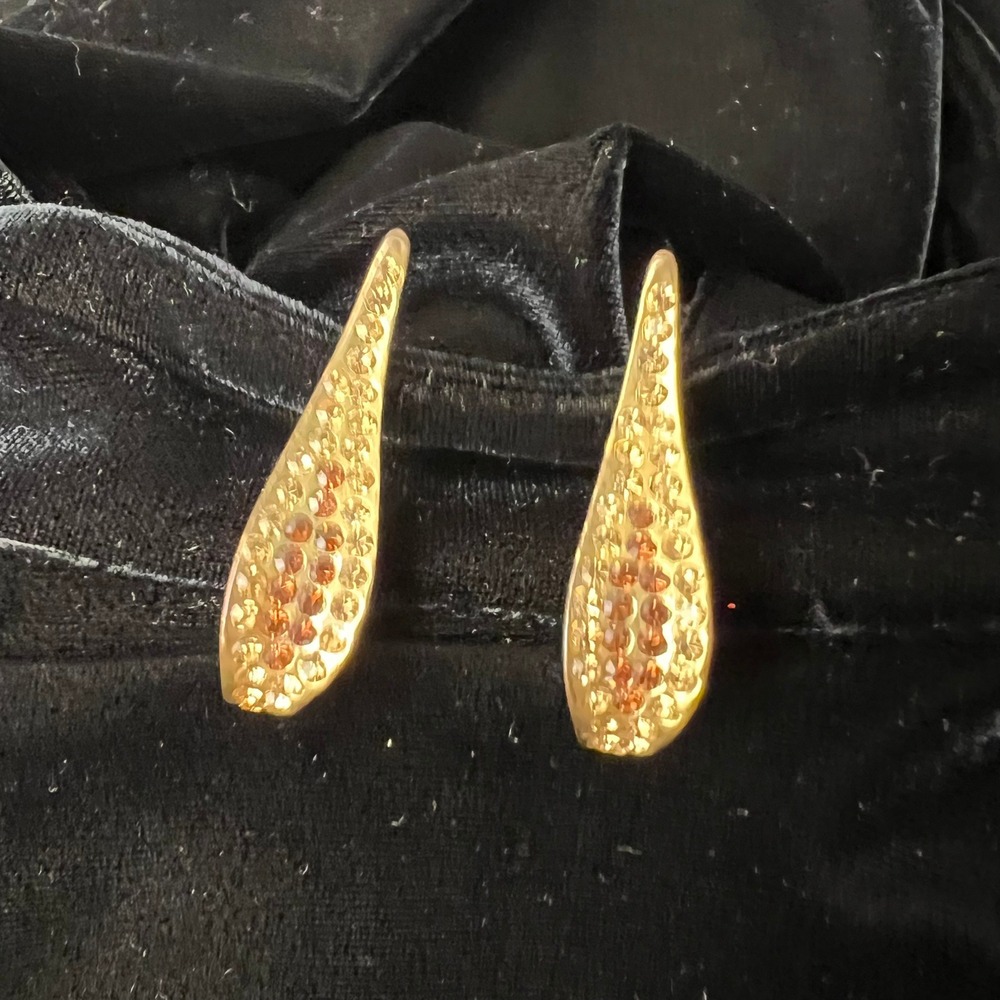Gold Tone Amber Crystal Pavé Curved Drop Post Earrings Textured Studs